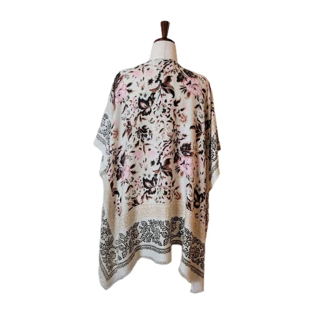 Nine West Rayon shawl Wrap Pink Floral womens OS Boho fringe dressy Casual Scarf